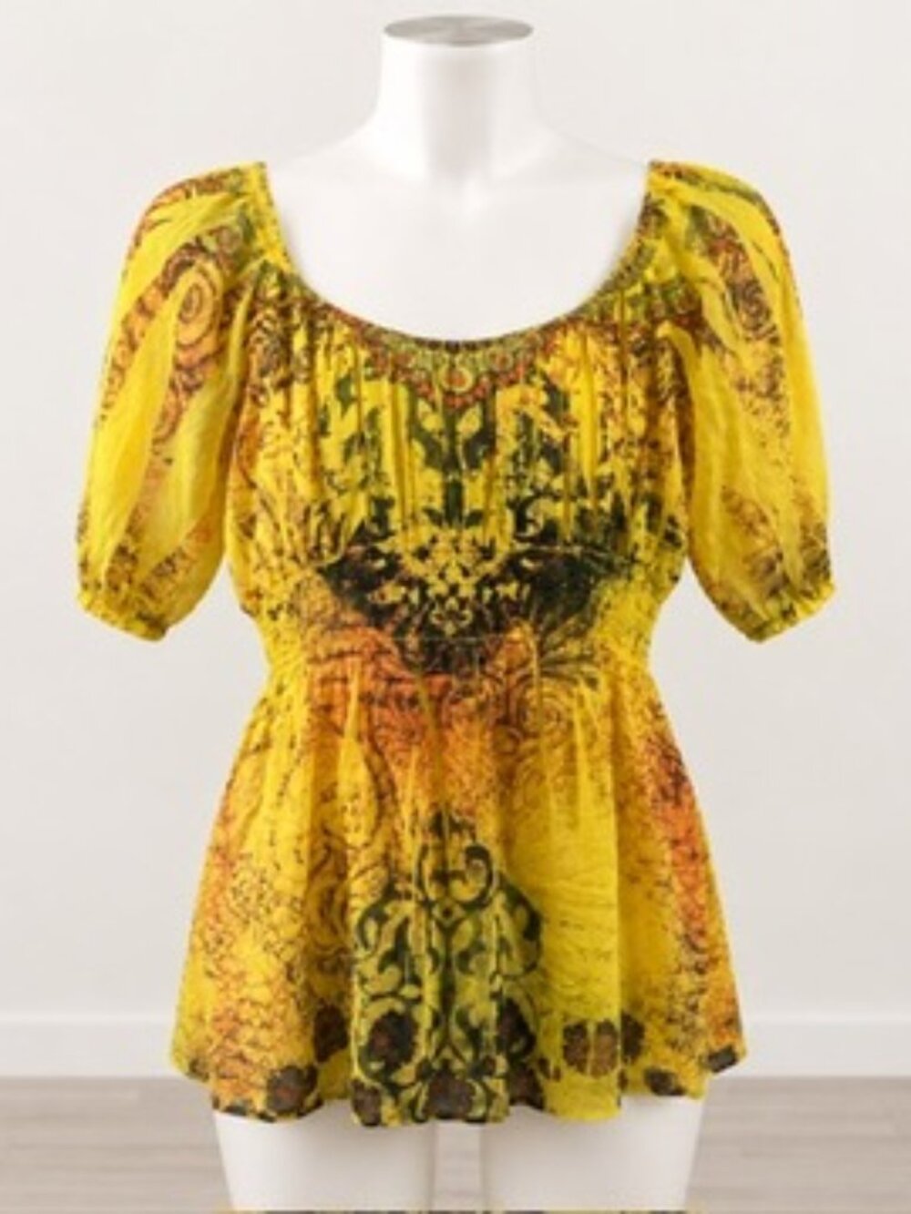 Unity World Wear Yellow Paisley Boho Smocked Waist Tunic Blouse Size L